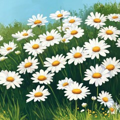 Fototapeta premium Bright blooming daisies create a vibrant field of white and yellow under a blue sky on a sunny day