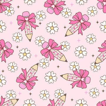 Draw seamless pattern pencil bow valentine Printable fabric Digital paper