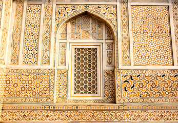 Detail of decoration and on the wall of Itmad-Ud-Daulah's tomb, Agra, Uttar Pradesh, India.