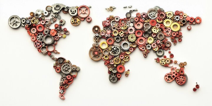 World map created with colorful gears and cogs assembly