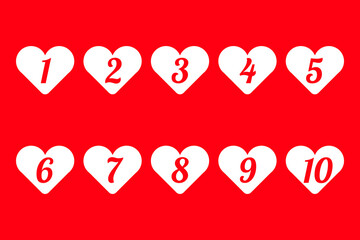 Table of Numbers from 1 to 10, made in white hearts on a red background