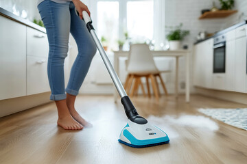 Modern kitchen cleaning with steam mop for a sparkling wooden floor in bright white interior design