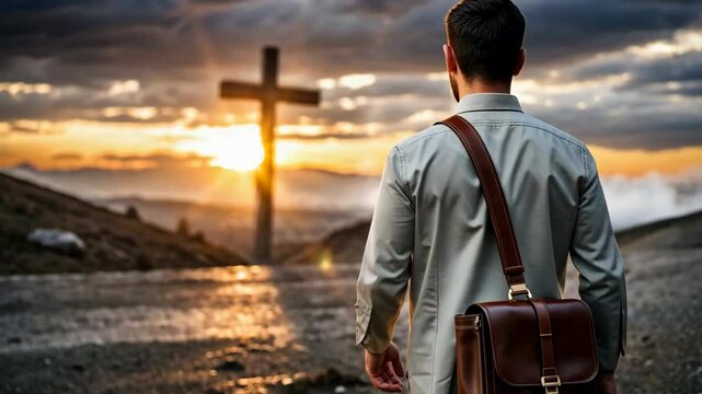 Missionary man with suitcase on his back walking through the field at sunset taking the Word of God
