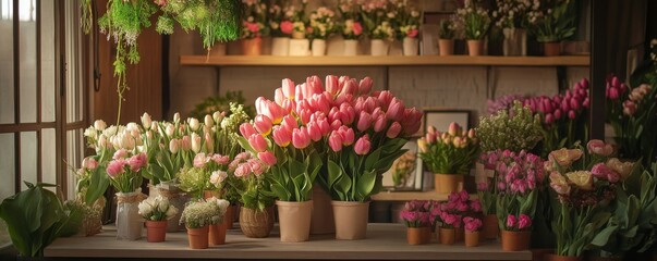 Beautiful bouquet of pink tulips arranged with care in a floral shop setting