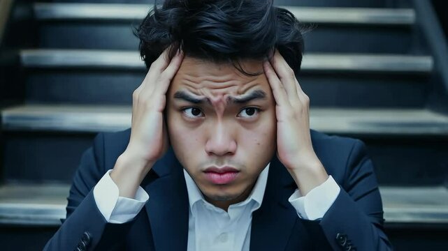 A young businessman, dressed in a dark suit and white shirt, sits dejectedly on outdoor stairs.