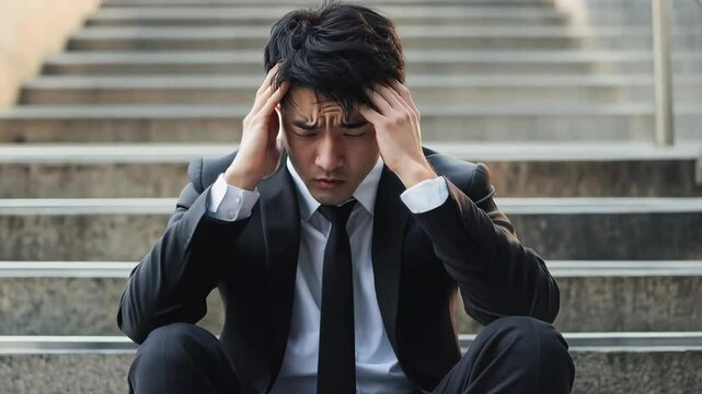 A young businessman, dressed in a dark suit and white shirt, sits dejectedly on outdoor stairs.