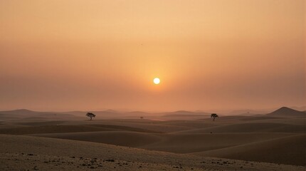 Lonely tree silhouette at sunrise over endless sand dunes. Peaceful desert landscape, golden hour light, majestic scenery. Perfect for travel, nature, and serenity themes