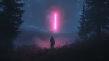 Fototapeta premium Night scene: person, trees, glowing beam, misty landscape.
