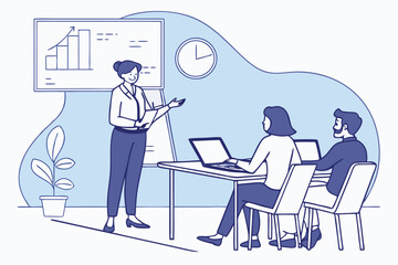 business meeting, office environment, team collaboration, modern workspace, minimalist illustration style, flat design, pastel color palette, professional attire, laptops on desk, standing presenter, 