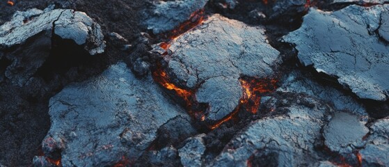 Cooling lava flows with hardened surface displaying unique cracked texture during volcanic activity