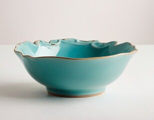 Elegant turquoise ceramic bowl with a unique ruffled edge and golden trim.