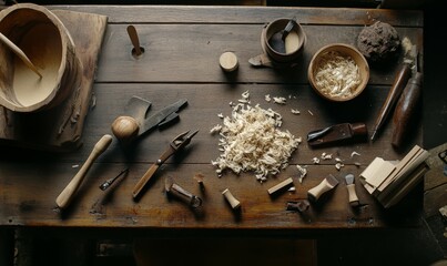 An overhead view of a rustic wooden table showcasing carpentry tools, handmade woodworking carving instruments, and wood shavings, designed for hobby and handcraft.