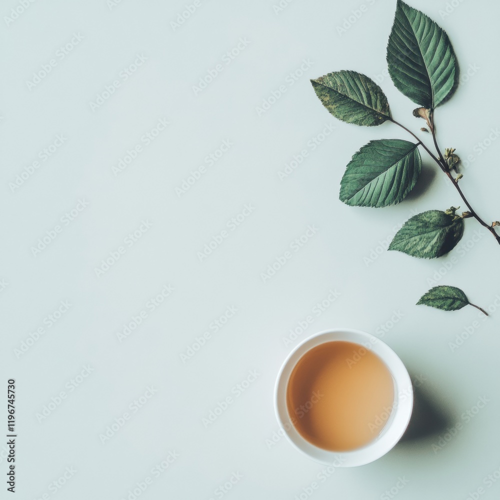 Aufkleber relaxing tea moment with herbal leaves on a clean surface ideal for text and creative designs. gener