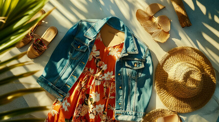 Fototapeta premium Summer Outfit Flat Lay with Floral Dress, Denim Jacket, Straw Hat, and Sandals
