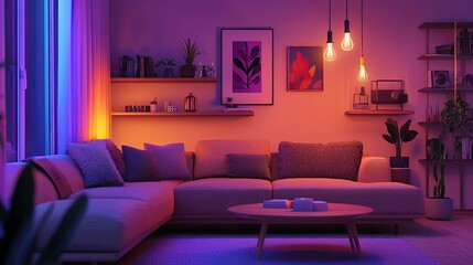 Modern Cozy Living Room Interior with Warm Ambient Lighting and Stylish Decor