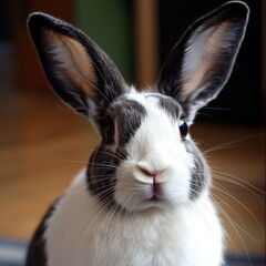 Playful rabbit with striking features enjoys a cozy indoor setting