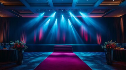 Award ceremony stage setup, deep burgundy carpet pathway leading to elevated platform, dramatic blue ceiling lights creating beams, dark wooden stage floor, theatrical curtain backdrop, elegant