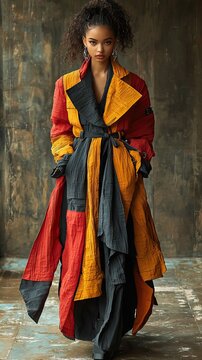 Fashion Model in Vibrant Patchwork Trench Coat Posing in Artistic Studio Setting
