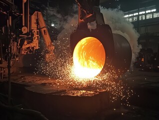 Molten metal flows from furnace under industrial night sky at foundry site