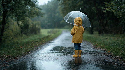 Fototapeta premium Child in Yellow Raincoat Holding Transparent Umbrella on Rainy Forest Path