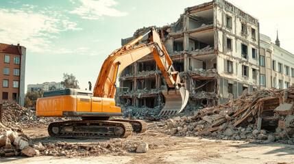 Old building demolition in progress with excavator against urban backdrop