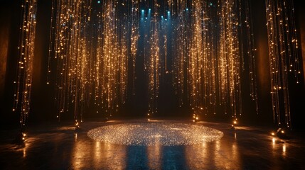 sophisticated vertical illumination, interweaving gold and blue light streams, suspended glitter particles, elegant dark environment, mirror-like floor surface, premium set design, atmospheric depth