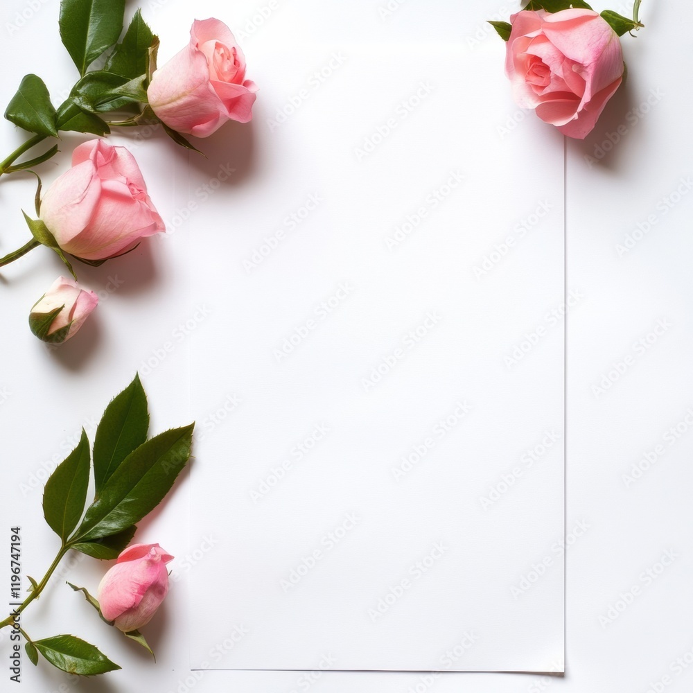 Aufkleber blank paper surrounded by pink roses on a white background for creative design and writing projects.