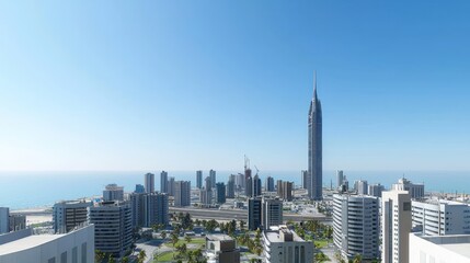 Fototapeta na wymiar Coastal City Skyline with Modern Skyscrapers