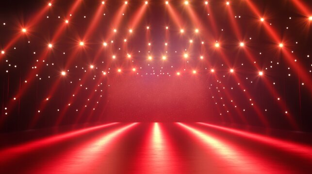 majestic awards stage backdrop, glowing golden stars, brilliant red atmosphere, symmetrical light rays, floating sparkle particles, pearl-like dotted accents, radiant beams, premium ceremonial