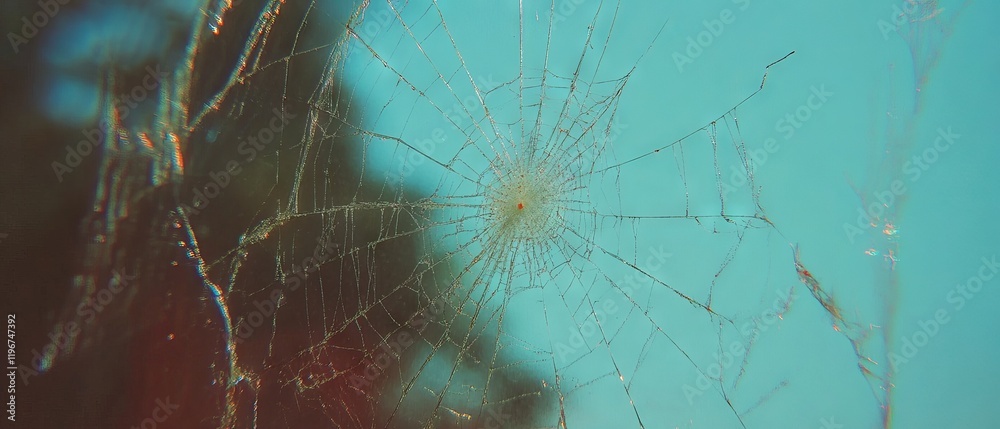 Poster Cracked glass with intricate spiderweb patterns and shard details illuminated by soft light