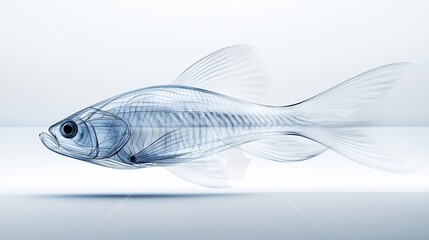 Obraz premium X-ray style image of a fish, showcasing its skeletal structure and fins in detail against a light background.
