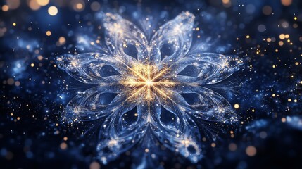 Fototapeta premium sophisticated snowflake art, intricate particle constellations, navy cosmic background, floating diamond dust effect, geometric ice crystal designs, scattered starlight points, minimal winter