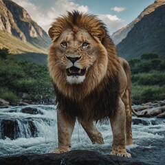 A lion roaring in front of a cascading mountain waterfall.