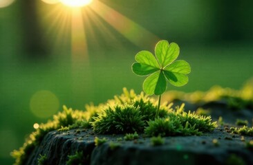 A four-leaf clover found in the forest. Blurred sunny green background