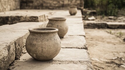 Naklejka premium Three ancient clay pots sit on stone steps of archaeological site.