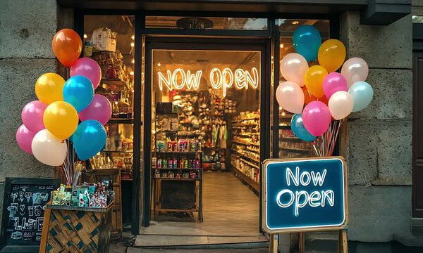 Vibrant storefront with colorful balloons and neon sign indicating 'Now Open' during evening hours