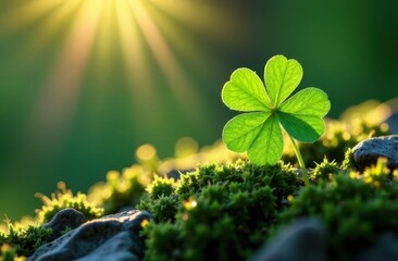 A four-leaf clover found in the forest. Blurred sunny green background