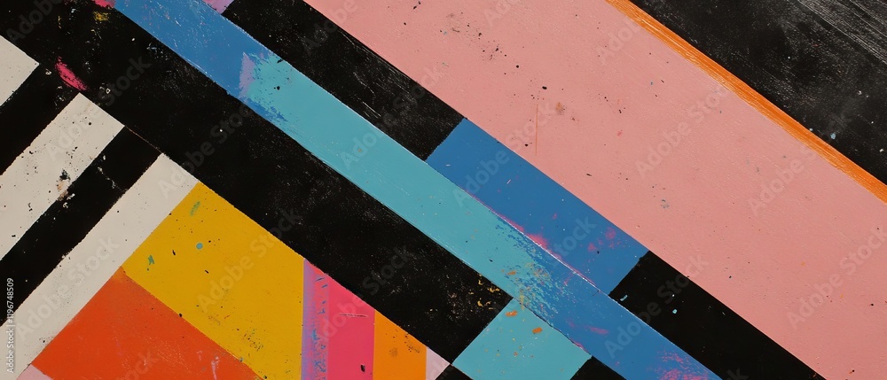 Poster Crayon art featuring geometric patterns created with masking tape and bold colors on a vibrant background