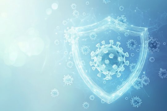 A shield deflecting human papillomavirus particles on a light blue background, symbolizing HPV protection and safety.