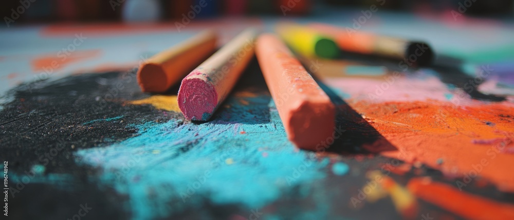 Poster crayon drawing on textured paper with vibrant colors and bold lines in a creative workspace