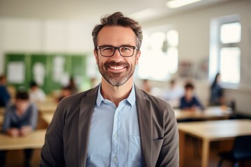 Fototapeta premium Happy professor standing in classroom with students working at desks in background