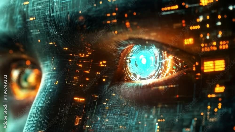 Aufkleber An intricate representation of a futuristic face with glowing eyes, showcasing elements of cyber technology.