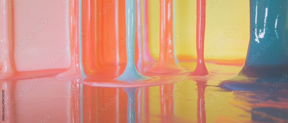 Poster colorful crayon drip art creating vibrant streaks on a vertical surface in a creative workspace