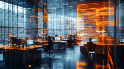 Innovative office interior with dynamic workspaces and vibrant data visualizations in a modern setting