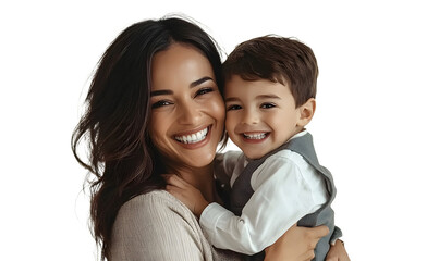 Smiling mother hugging and having fun with her son, family relationship and motherhood concept, isolated on transparent background