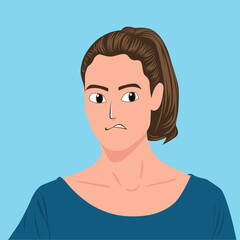 Vector digital artwork depicting a woman with brown hair, tied in a ponytail, and wearing a blue shirt, showing a confused or anxious face, against a plain blue background.