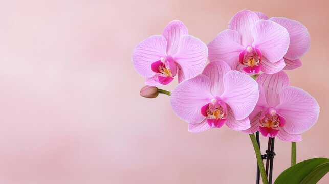 Pink orchids bloom against soft pink background; ideal for greeting cards or websites