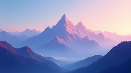 A flat design scene of bold mountains under a gradient sky