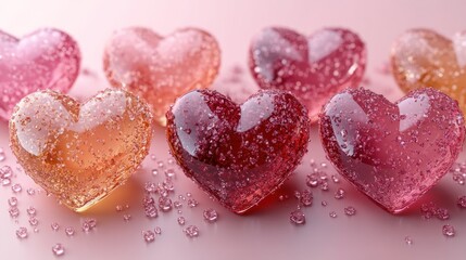 Obraz premium Pink glass hearts, water droplets, blurred background, Valentine's Day card
