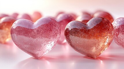 Fototapeta premium Pink glass hearts, close-up, romantic background, Valentine's Day card